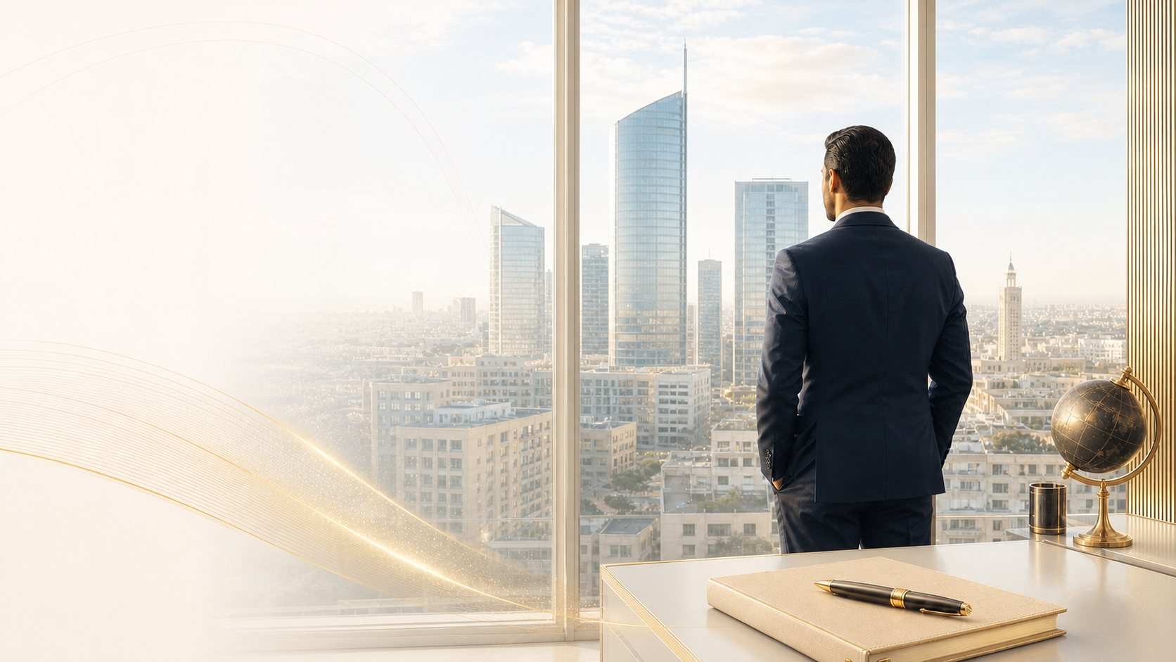 Entrepreneur observant Casablanca depuis un bureau lumineux